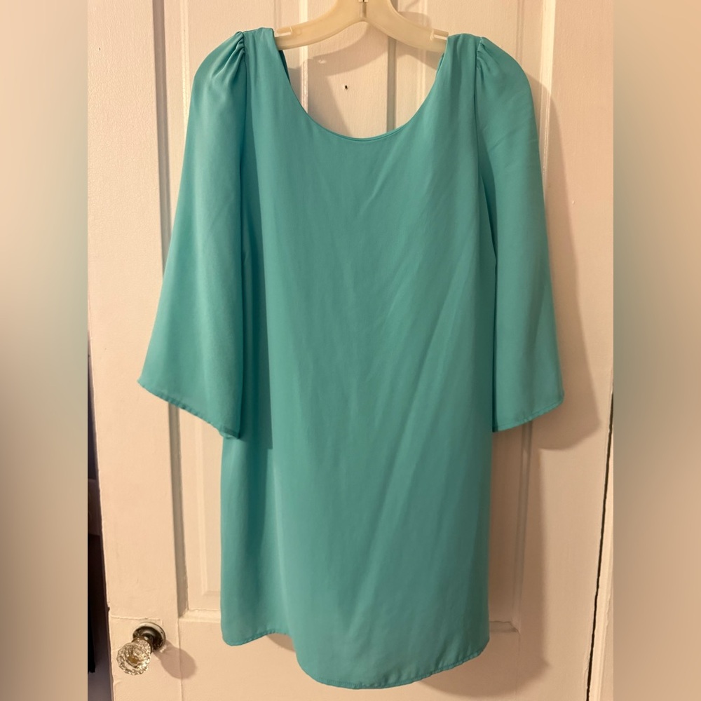 Anthropologie Everly Teal Shift Dress with strappy open low back and 3/4 sleeves